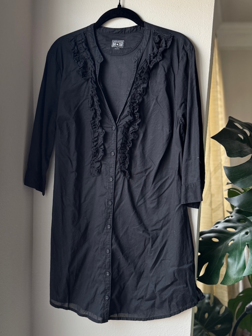 Converse Black Ruffle-Front Longline Shirt Jacket